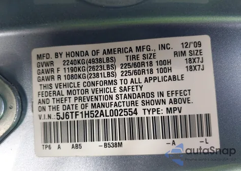 2010 Honda Accord Crosstour Ex-L z USA, uszkodzony, nr VIN 5J6TF1H52AL002554